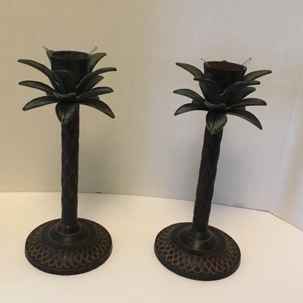 2 Metal Palm Tree Taper Candle Holders